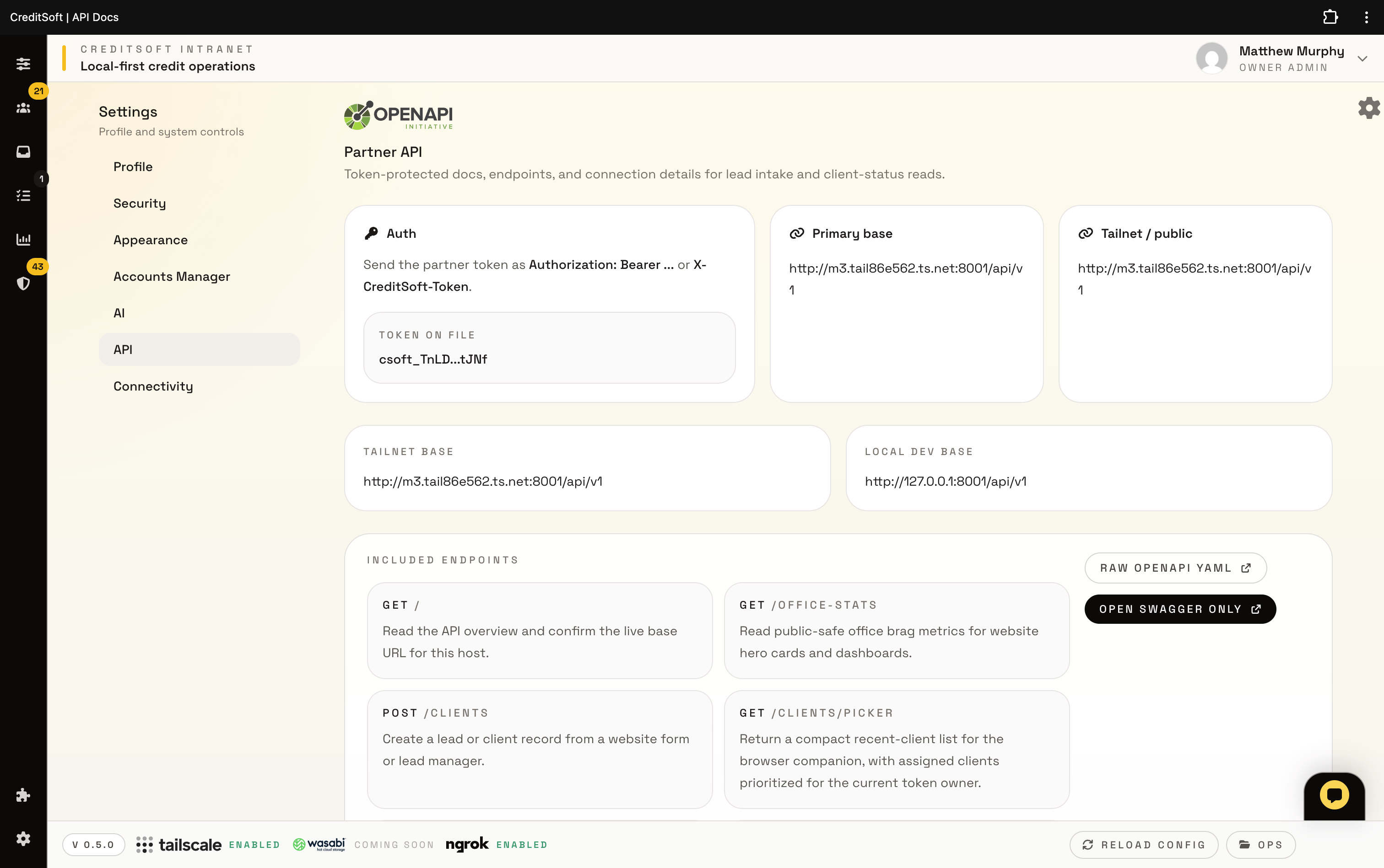 CreditSoft API settings screenshot.