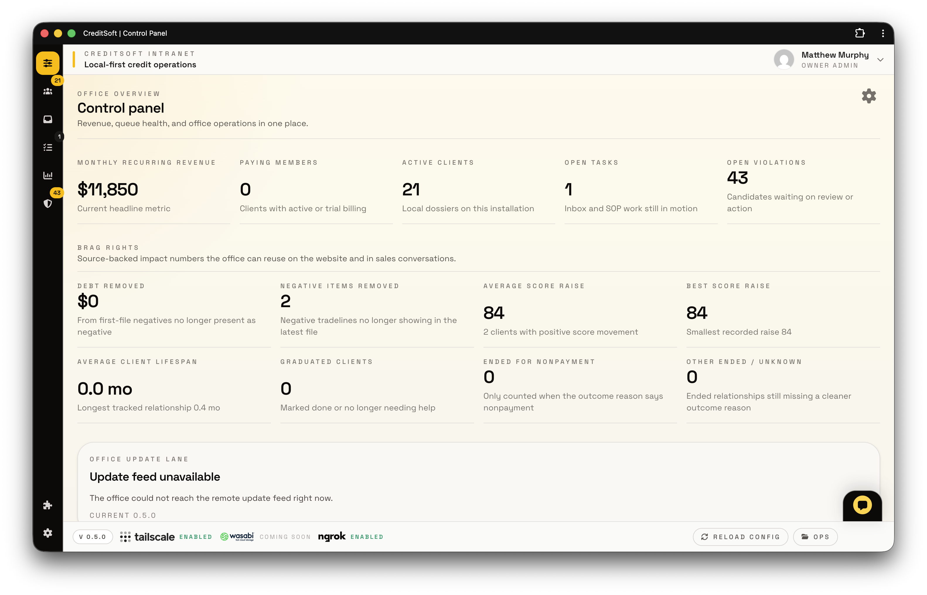 CreditSoft dashboard screenshot inside the installed desktop app.