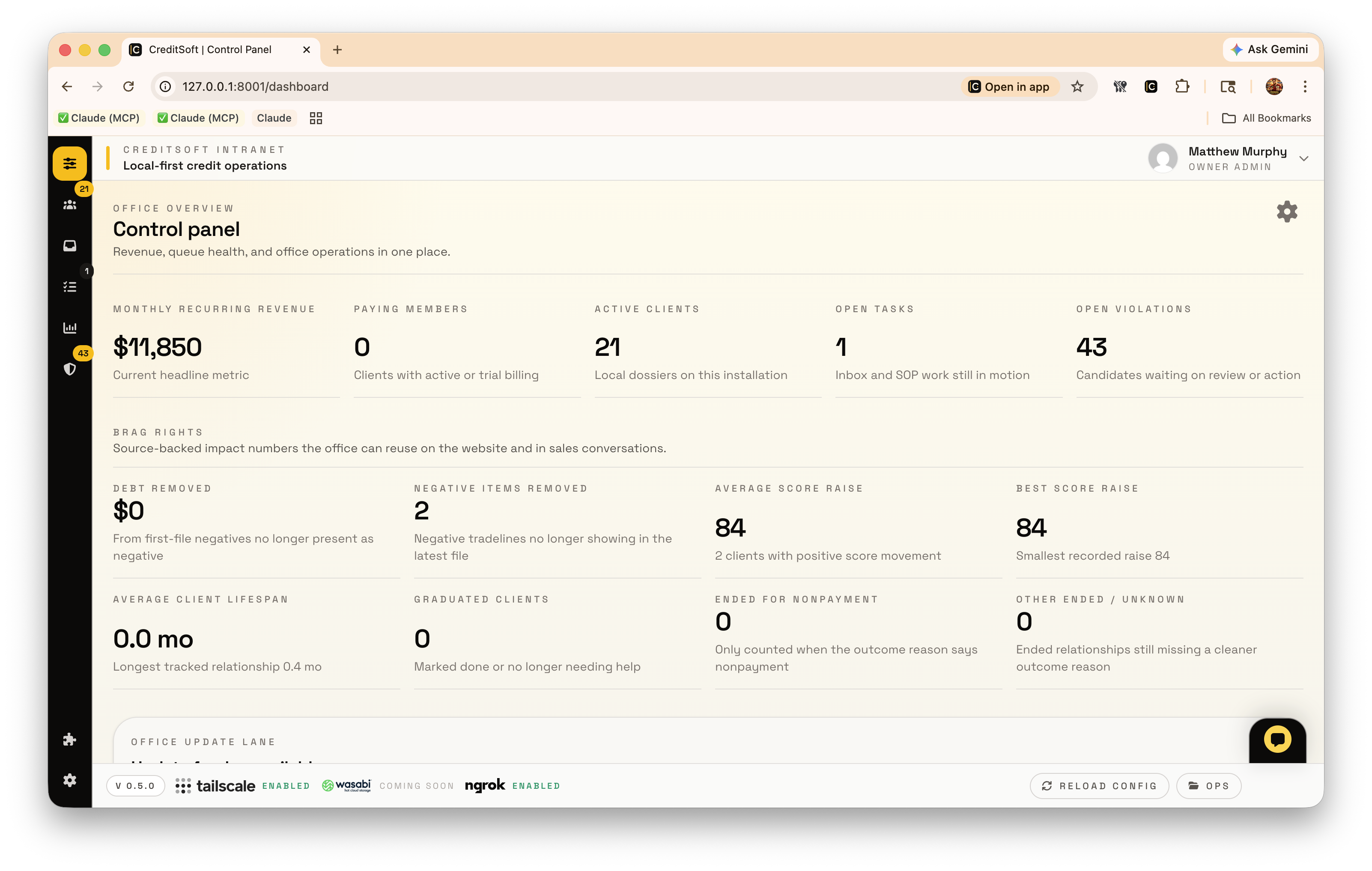 CreditSoft dashboard screenshot running in a browser window.