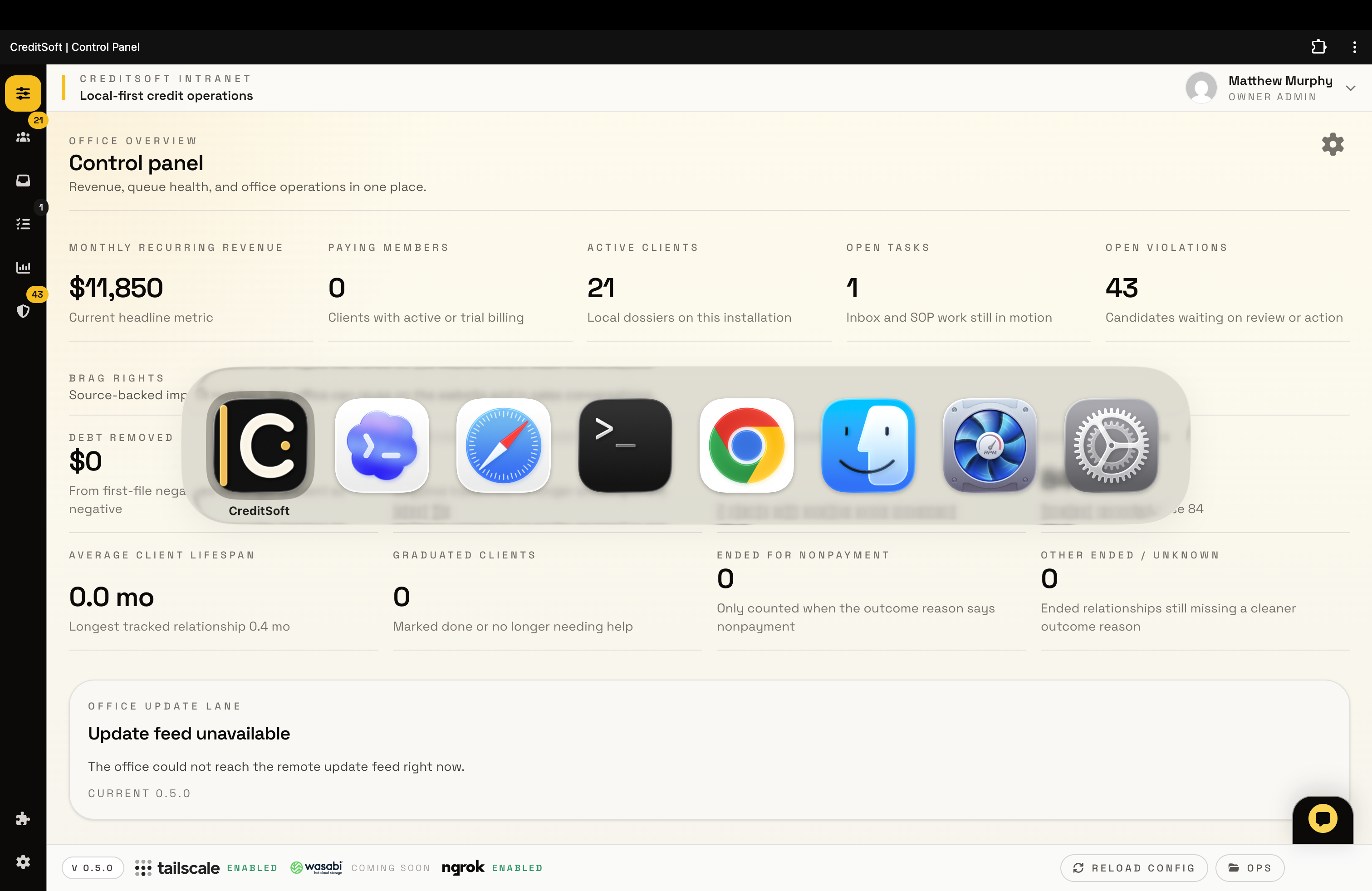 CreditSoft installed PWA on macOS showing the app icon in the app switcher and Dock.