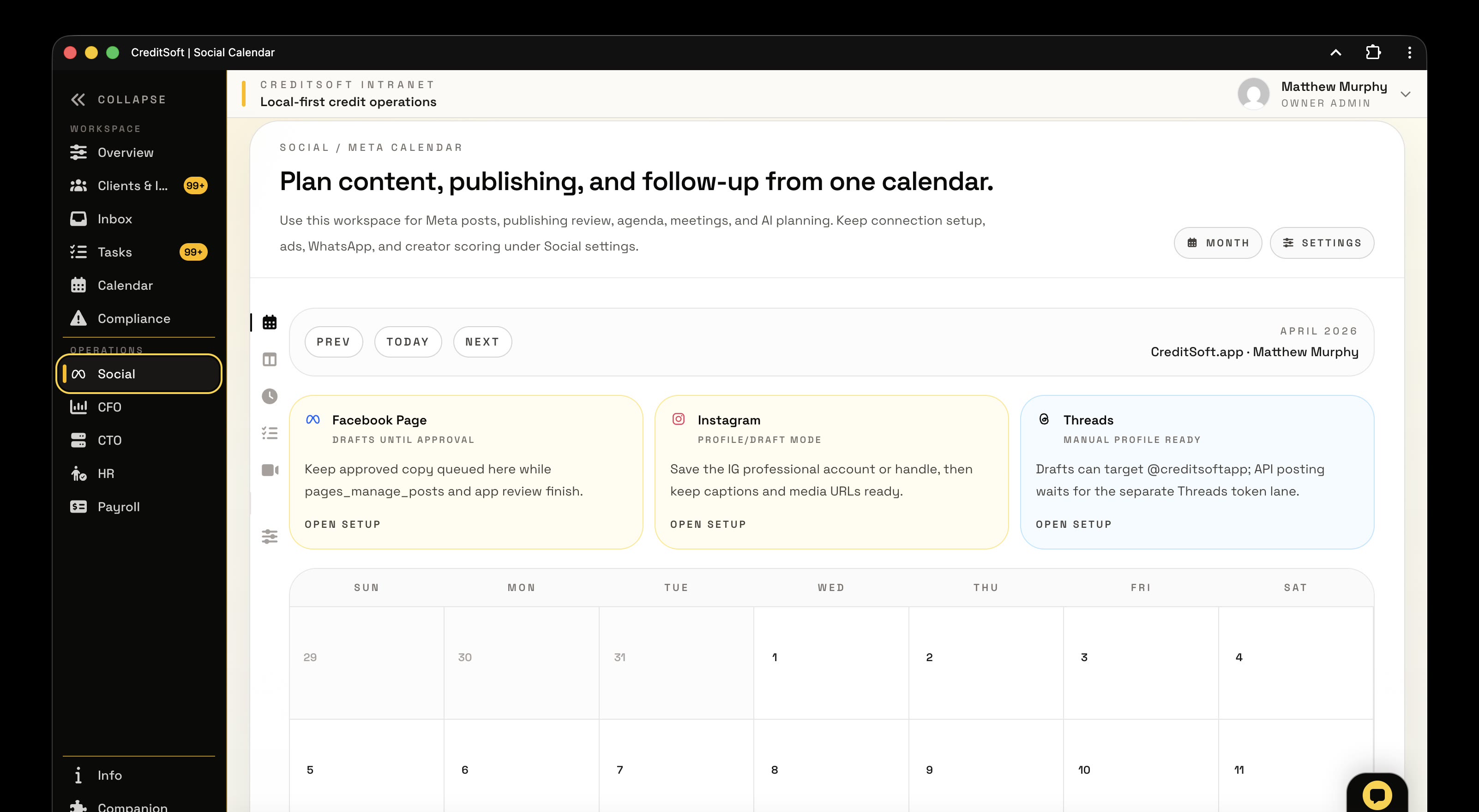 CreditSoft Social and Meta manager command view for planning and follow-up.