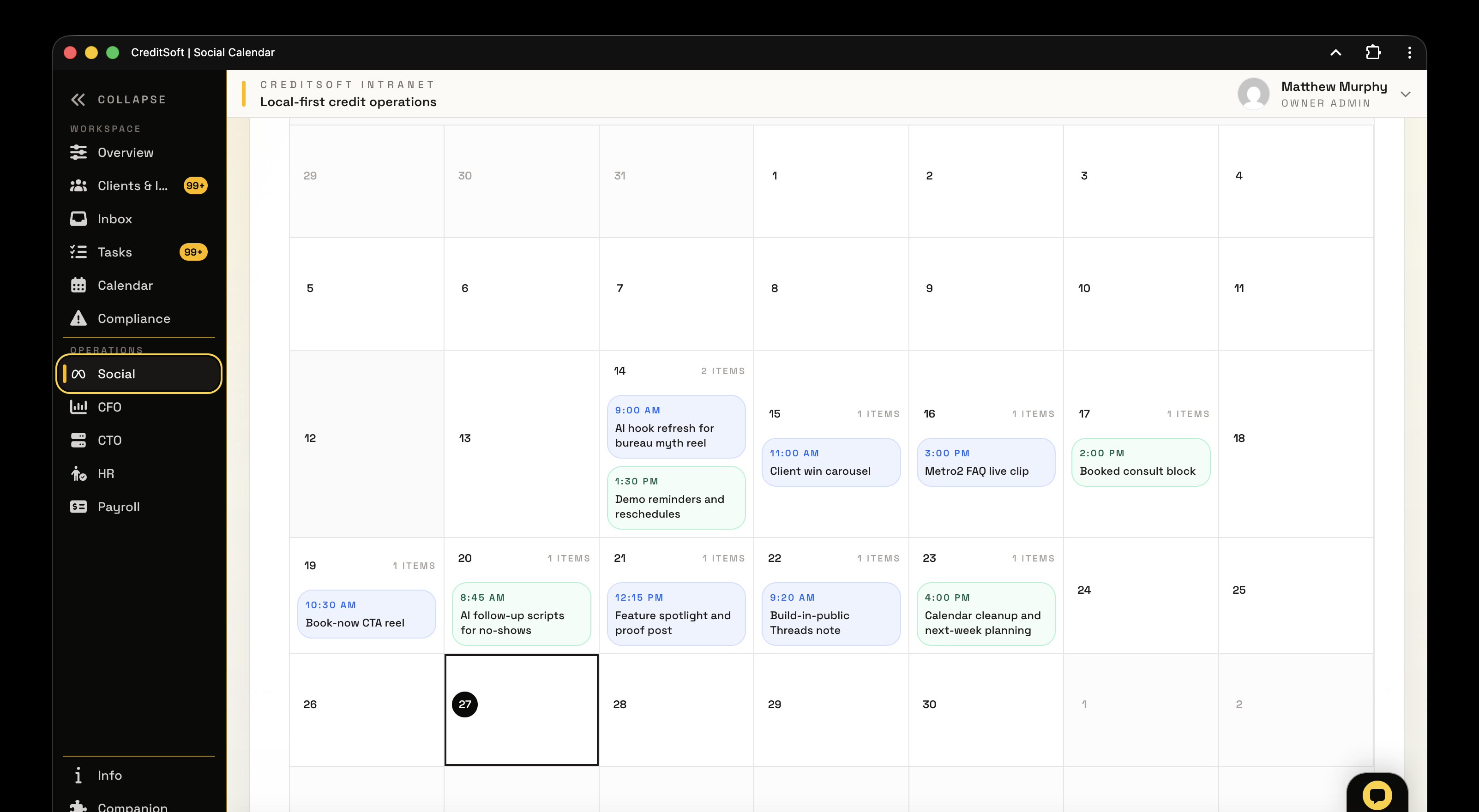 CreditSoft monthly social content calendar with scheduled posts and publishing lanes.