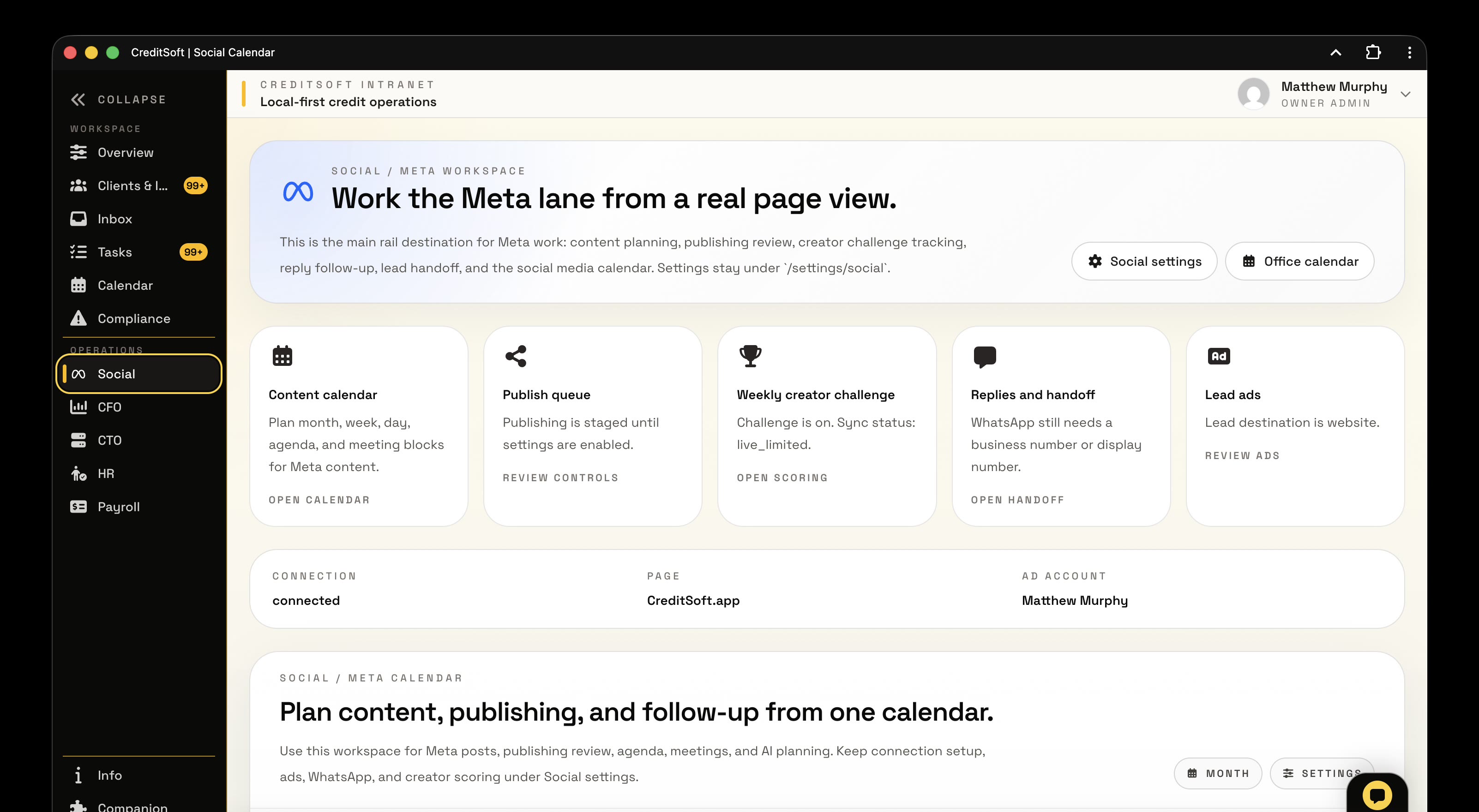 CreditSoft Social and Meta workspace showing the content calendar, publish queue, creator challenge, replies, and lead ads.