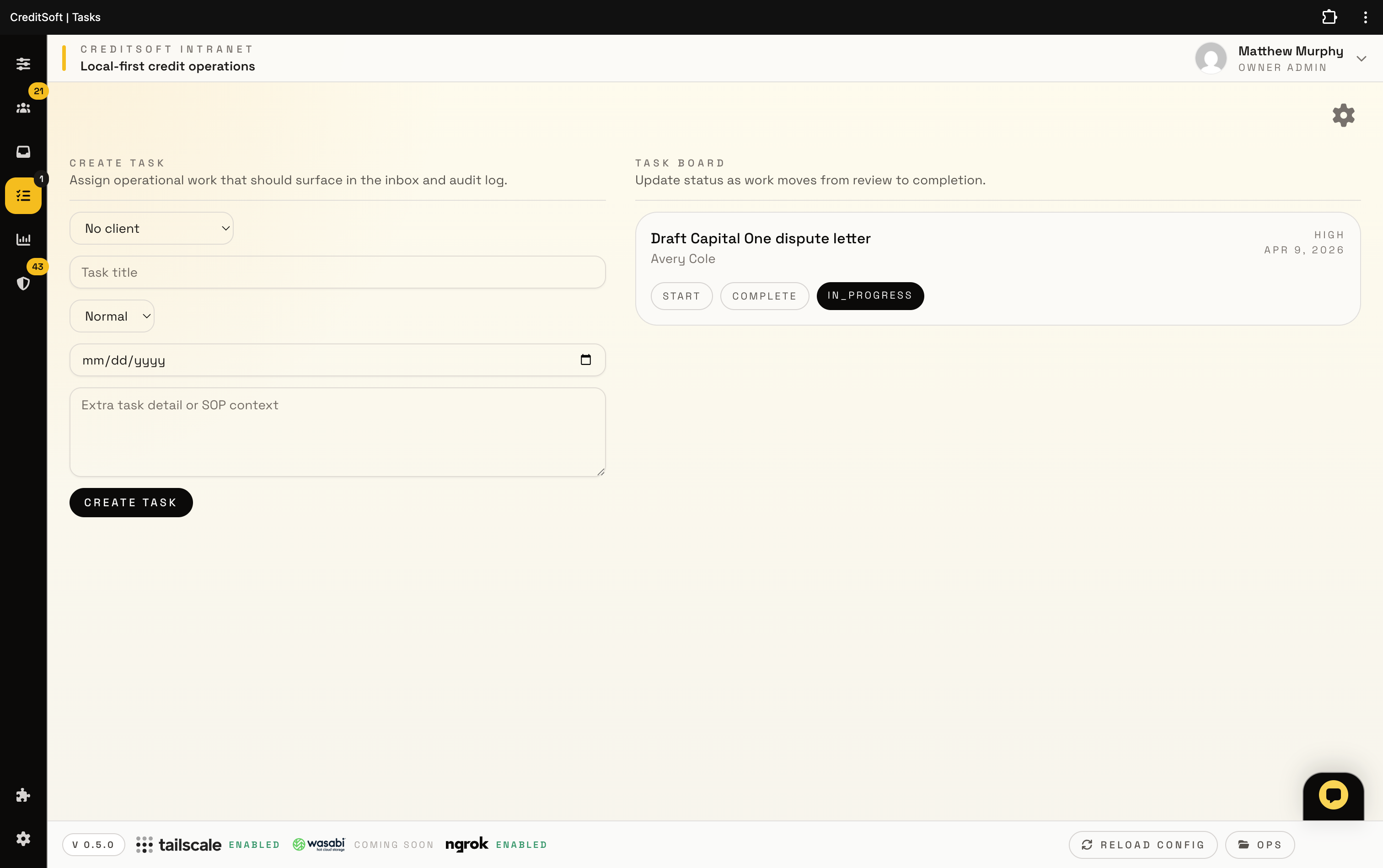 CreditSoft tasks board screenshot showing assigned work and workflow status.